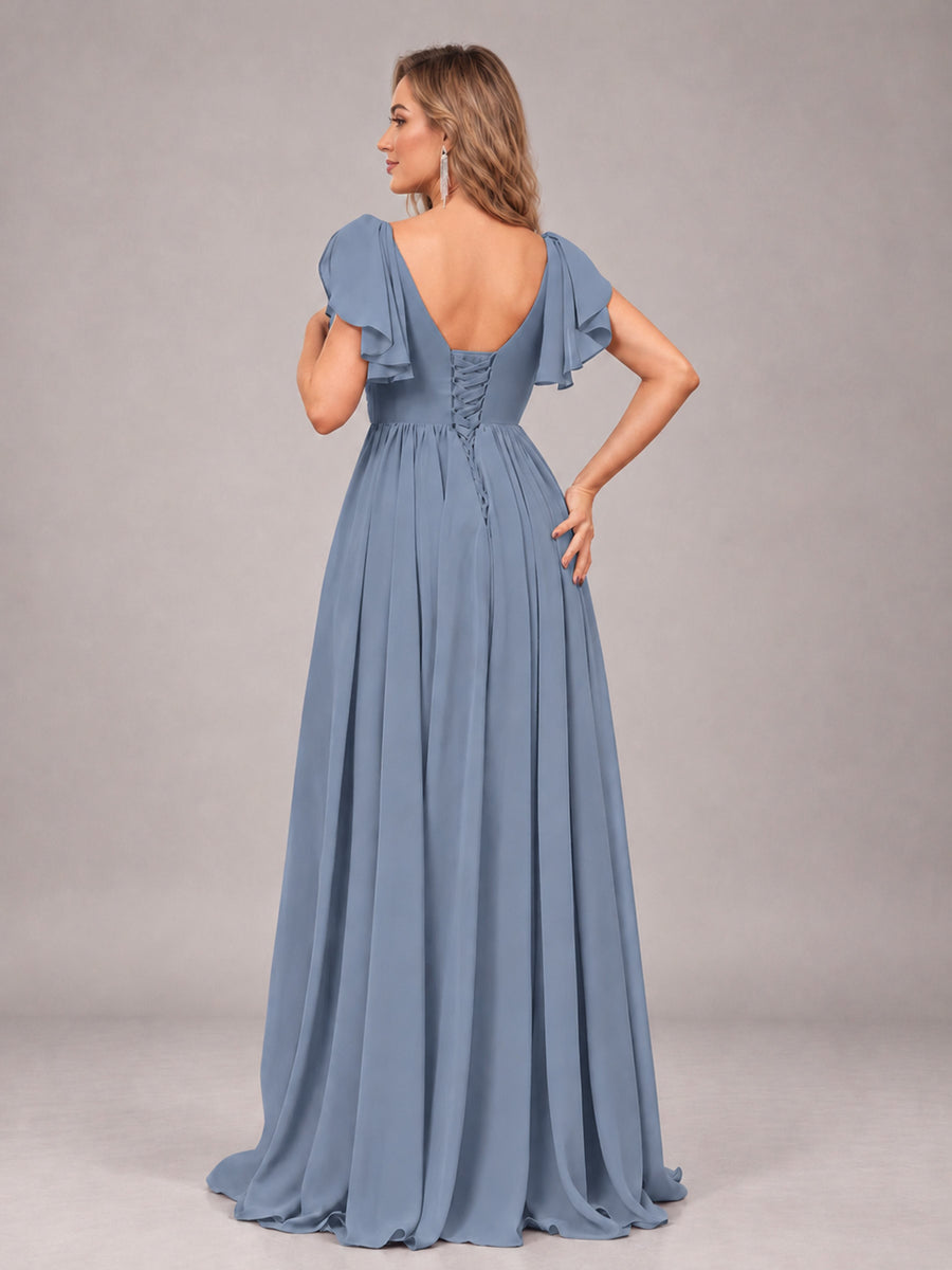 Dusty Blue Beautiful BridesmaidV-Neck Lace-Up Back Chiffon Bridesmaid Dress with Slit