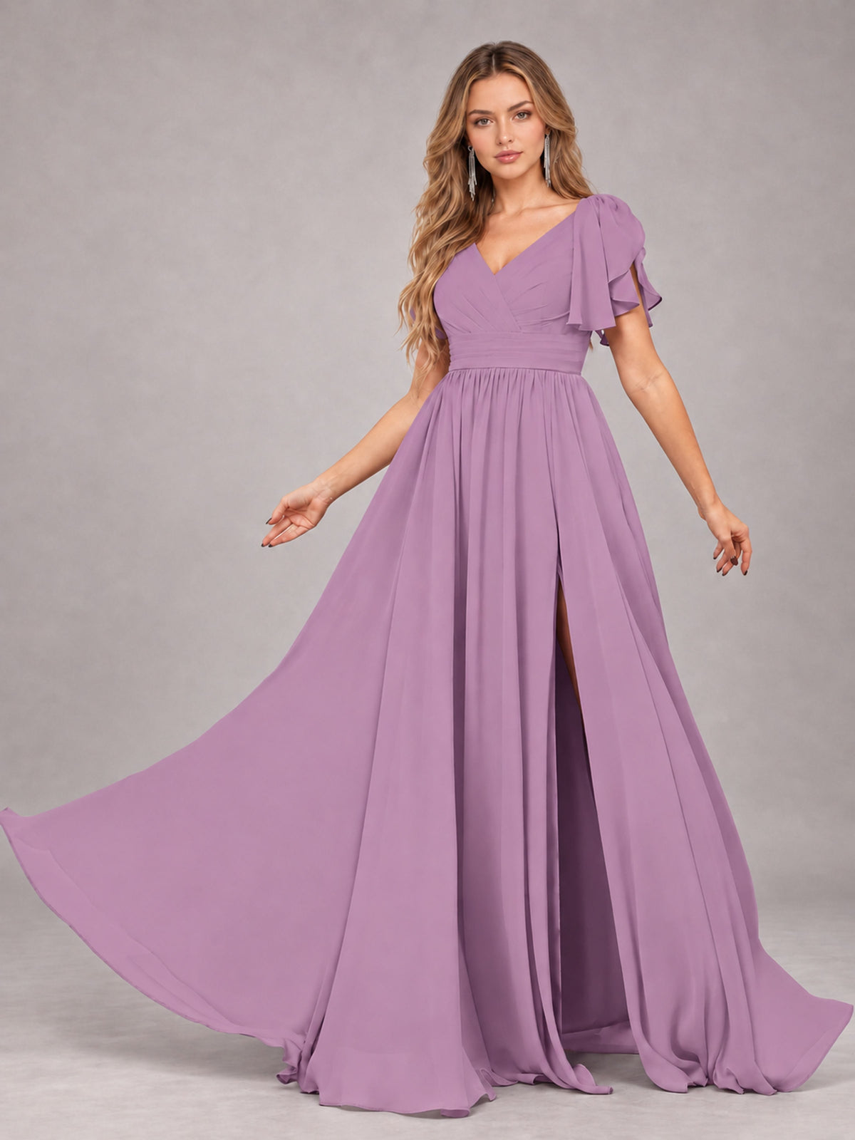 Dusty Purple Beautiful BridesmaidV-Neck Lace-Up Back Chiffon Bridesmaid Dress with Slit
