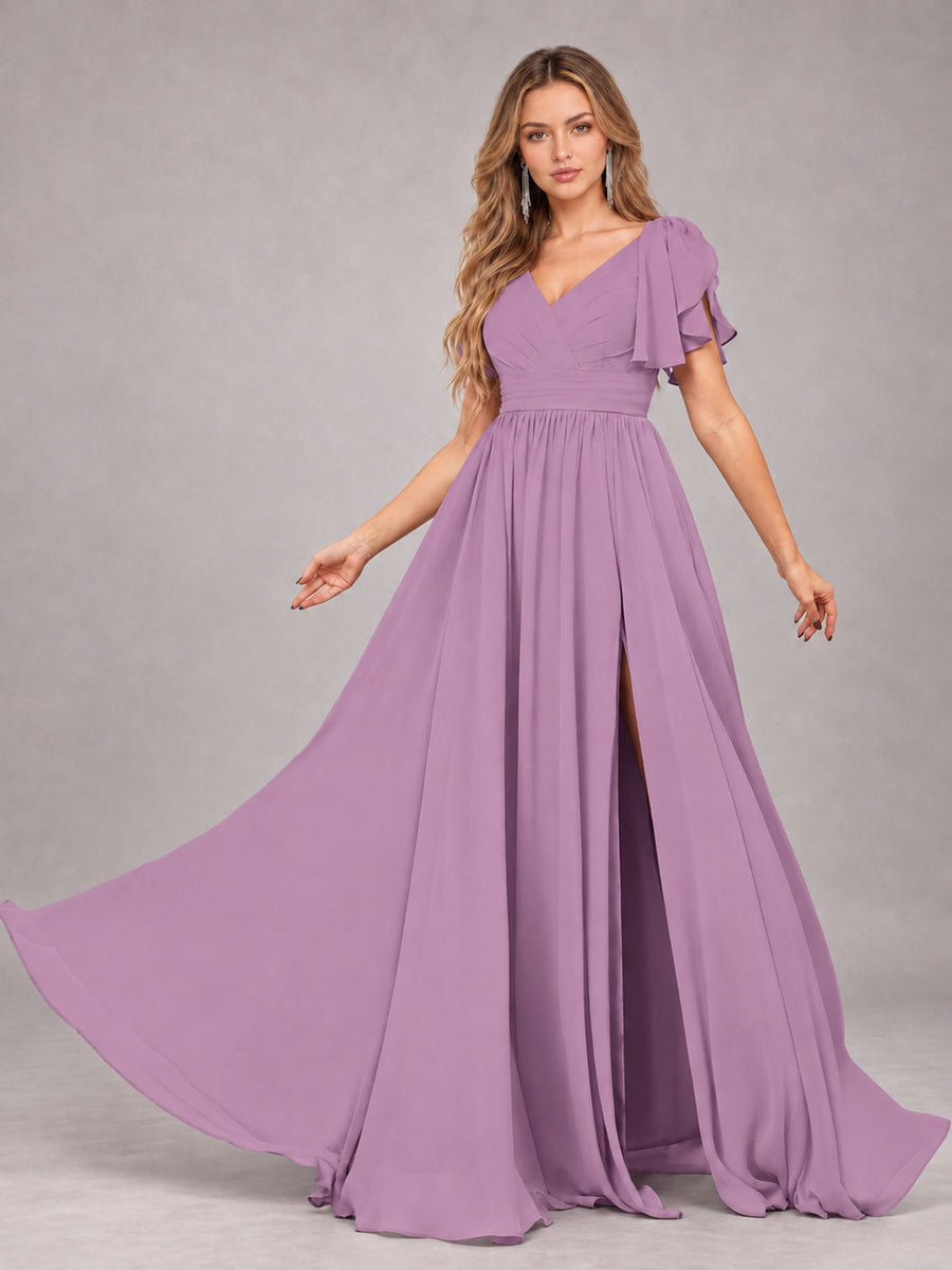 Dusty Purple Beautiful BridesmaidV-Neck Lace-Up Back Chiffon Bridesmaid Dress with Slit