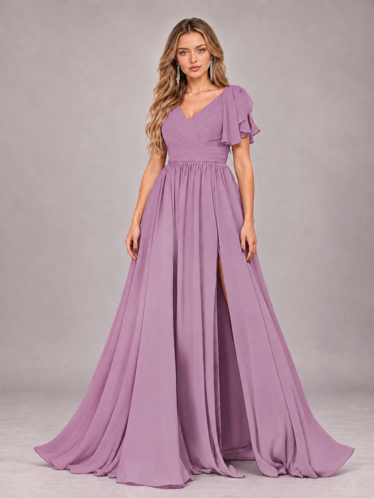 Dusty Purple Beautiful BridesmaidV-Neck Lace-Up Back Chiffon Bridesmaid Dress with Slit