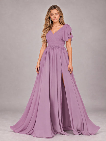 Dusty Purple Beautiful BridesmaidV-Neck Lace-Up Back Chiffon Bridesmaid Dress with Slit