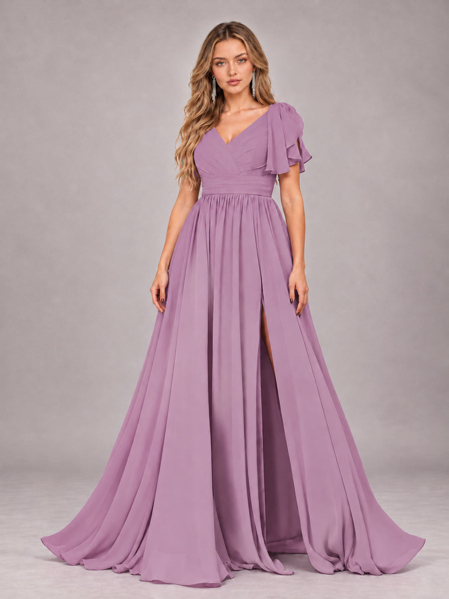 Dusty Purple Beautiful BridesmaidV-Neck Lace-Up Back Chiffon Bridesmaid Dress with Slit