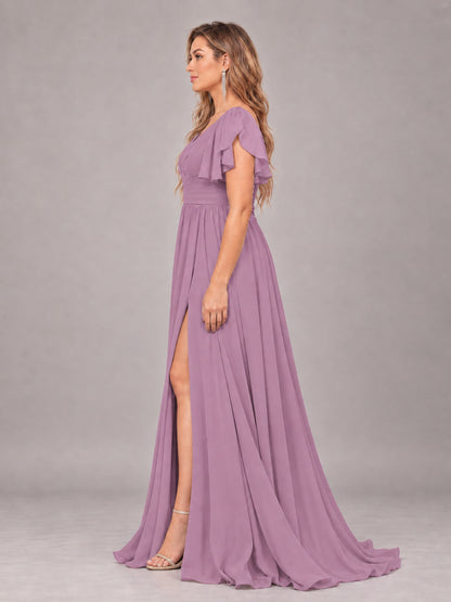 Dusty Purple Beautiful BridesmaidV-Neck Lace-Up Back Chiffon Bridesmaid Dress with Slit