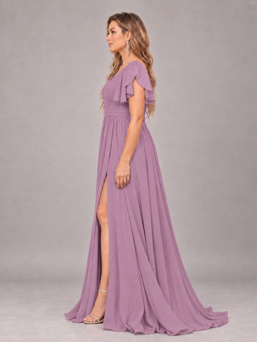 Dusty Purple Beautiful BridesmaidV-Neck Lace-Up Back Chiffon Bridesmaid Dress with Slit