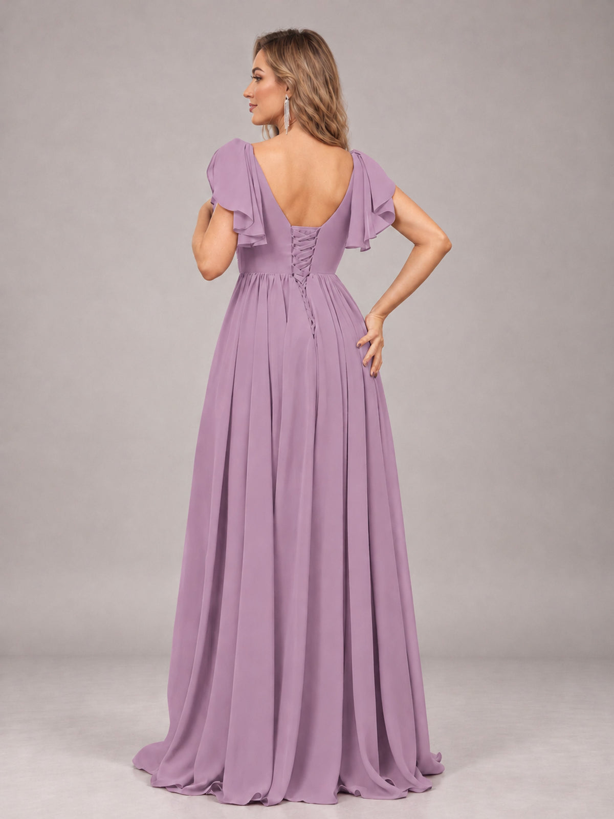 Dusty Purple Beautiful BridesmaidV-Neck Lace-Up Back Chiffon Bridesmaid Dress with Slit