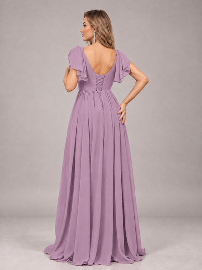 Dusty Purple Beautiful BridesmaidV-Neck Lace-Up Back Chiffon Bridesmaid Dress with Slit