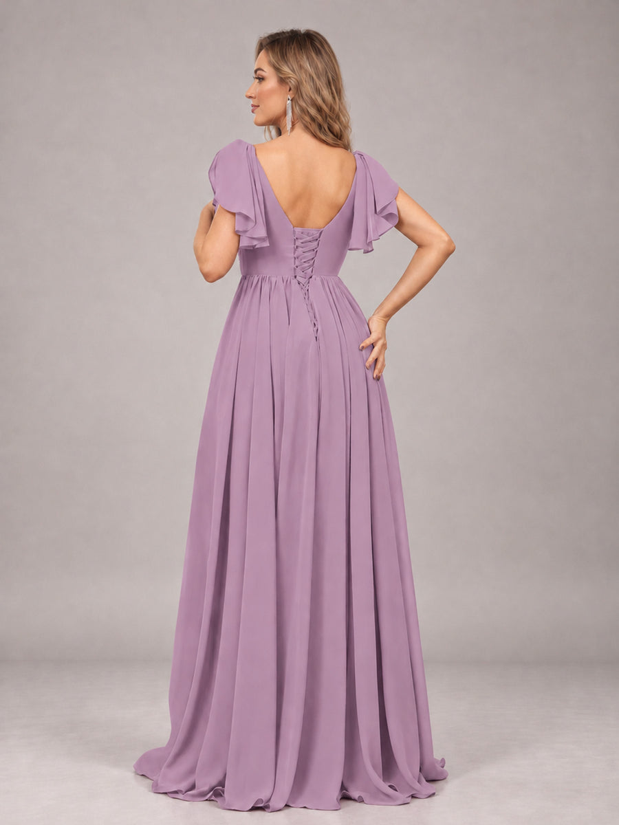 Dusty Purple Beautiful BridesmaidV-Neck Lace-Up Back Chiffon Bridesmaid Dress with Slit