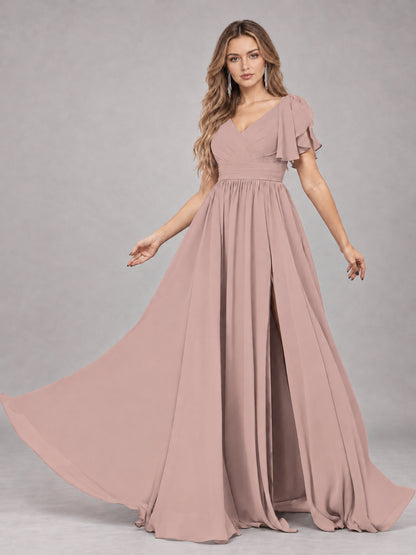 Dusty Rose Beautiful BridesmaidV-Neck Lace-Up Back Chiffon Bridesmaid Dress with Slit