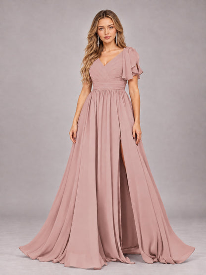 Dusty Rose Beautiful BridesmaidV-Neck Lace-Up Back Chiffon Bridesmaid Dress with Slit