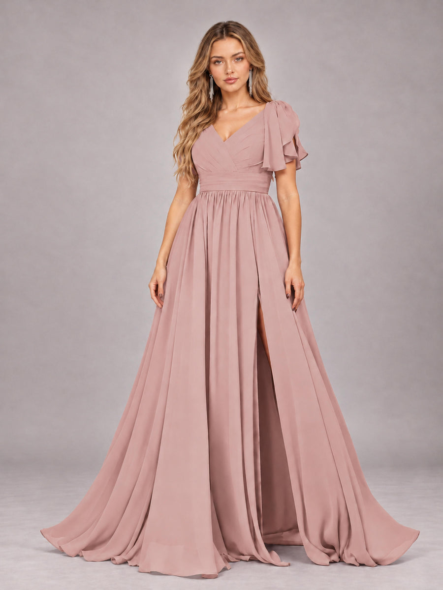 Dusty Rose Beautiful BridesmaidV-Neck Lace-Up Back Chiffon Bridesmaid Dress with Slit