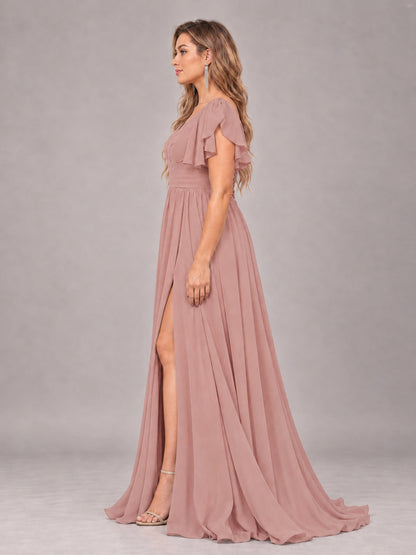 Dusty Rose Beautiful BridesmaidV-Neck Lace-Up Back Chiffon Bridesmaid Dress with Slit