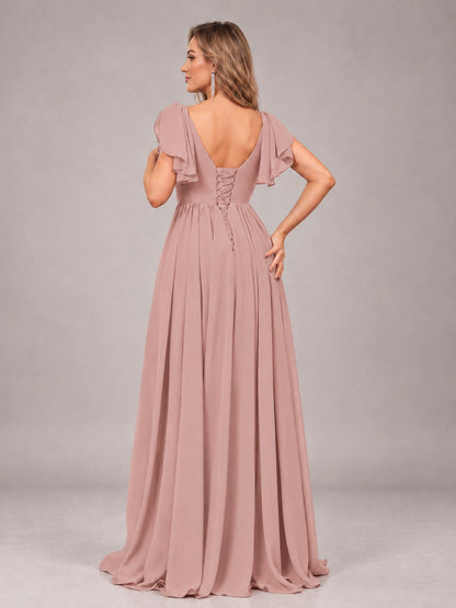 Dusty Rose Beautiful BridesmaidV-Neck Lace-Up Back Chiffon Bridesmaid Dress with Slit