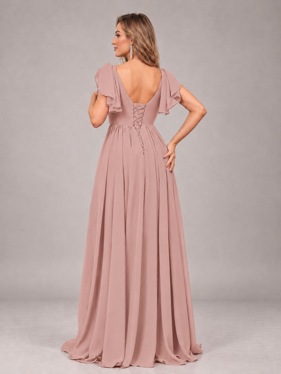 Dusty Rose Beautiful BridesmaidV-Neck Lace-Up Back Chiffon Bridesmaid Dress with Slit
