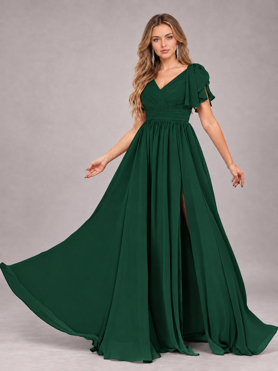 Emerald Green Beautiful BridesmaidV-Neck Lace-Up Back Chiffon Bridesmaid Dress with Slit