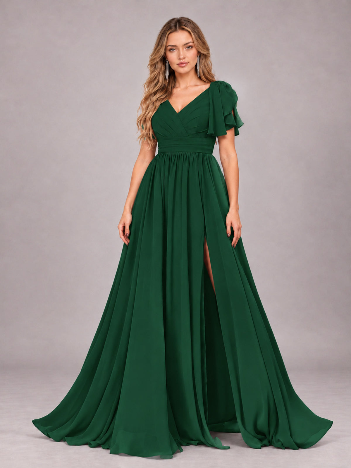 Emerald Green Beautiful BridesmaidV-Neck Lace-Up Back Chiffon Bridesmaid Dress with Slit