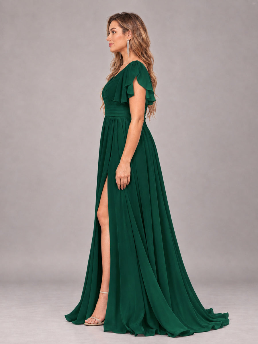 Emerald Green Beautiful BridesmaidV-Neck Lace-Up Back Chiffon Bridesmaid Dress with Slit