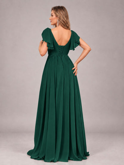 Emerald Green Beautiful BridesmaidV-Neck Lace-Up Back Chiffon Bridesmaid Dress with Slit