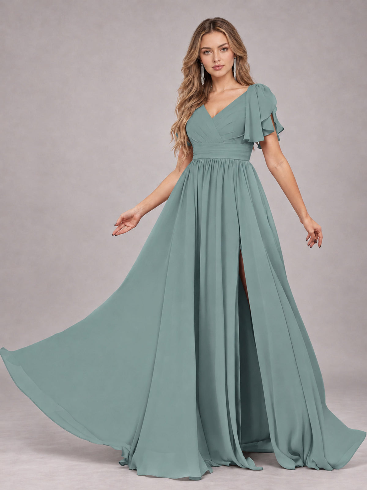 Eucalyptus Beautiful BridesmaidV-Neck Lace-Up Back Chiffon Bridesmaid Dress with Slit