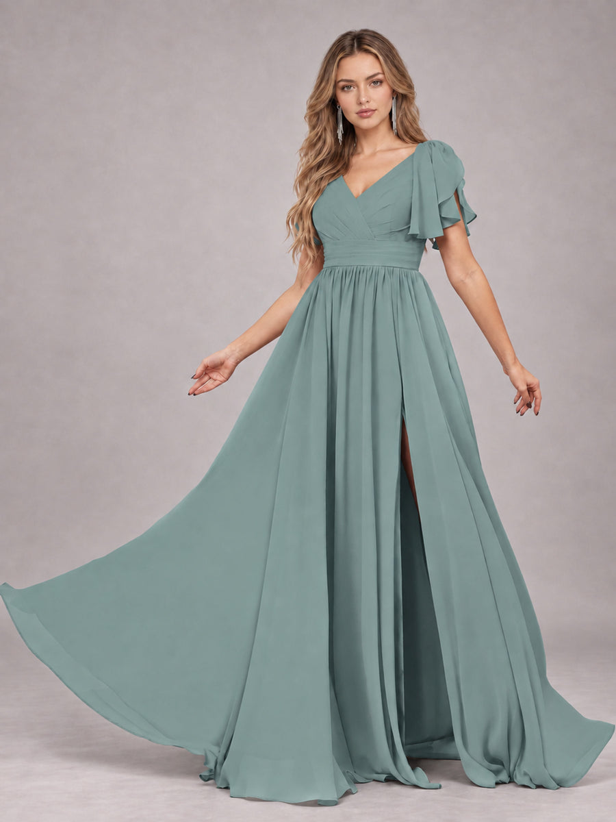 Eucalyptus Beautiful BridesmaidV-Neck Lace-Up Back Chiffon Bridesmaid Dress with Slit