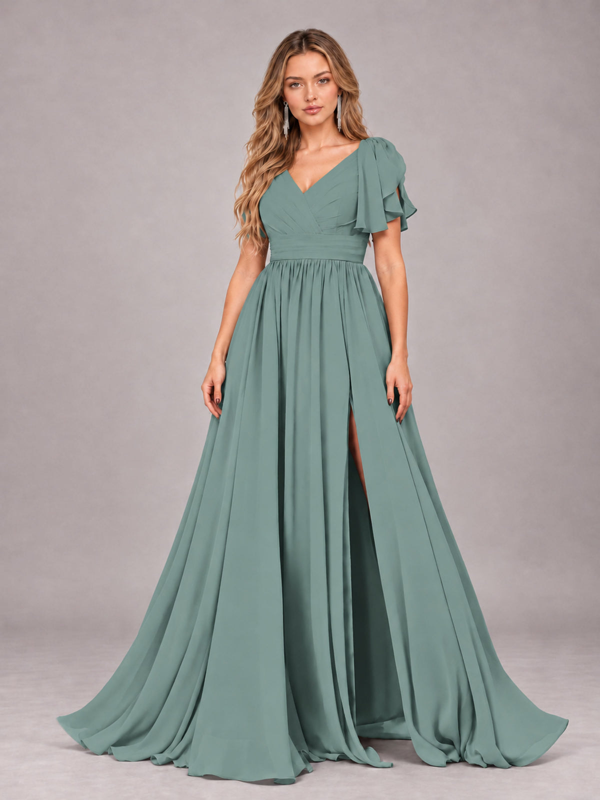 Eucalyptus Beautiful BridesmaidV-Neck Lace-Up Back Chiffon Bridesmaid Dress with Slit