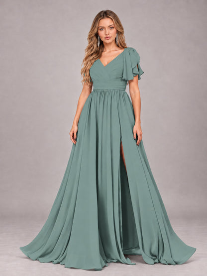 Eucalyptus Beautiful BridesmaidV-Neck Lace-Up Back Chiffon Bridesmaid Dress with Slit