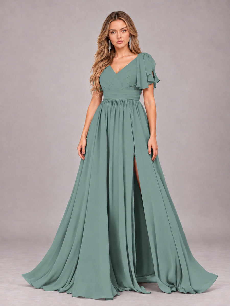 Eucalyptus Beautiful BridesmaidV-Neck Lace-Up Back Chiffon Bridesmaid Dress with Slit