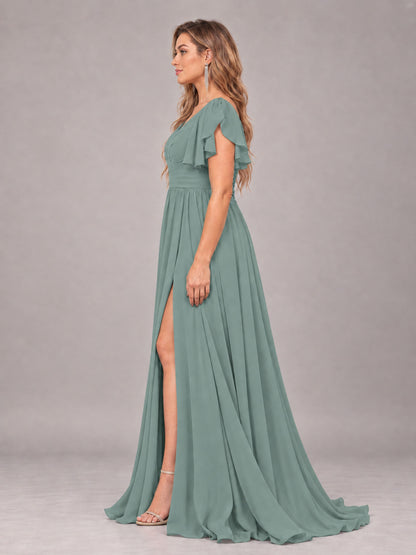 Eucalyptus Beautiful BridesmaidV-Neck Lace-Up Back Chiffon Bridesmaid Dress with Slit
