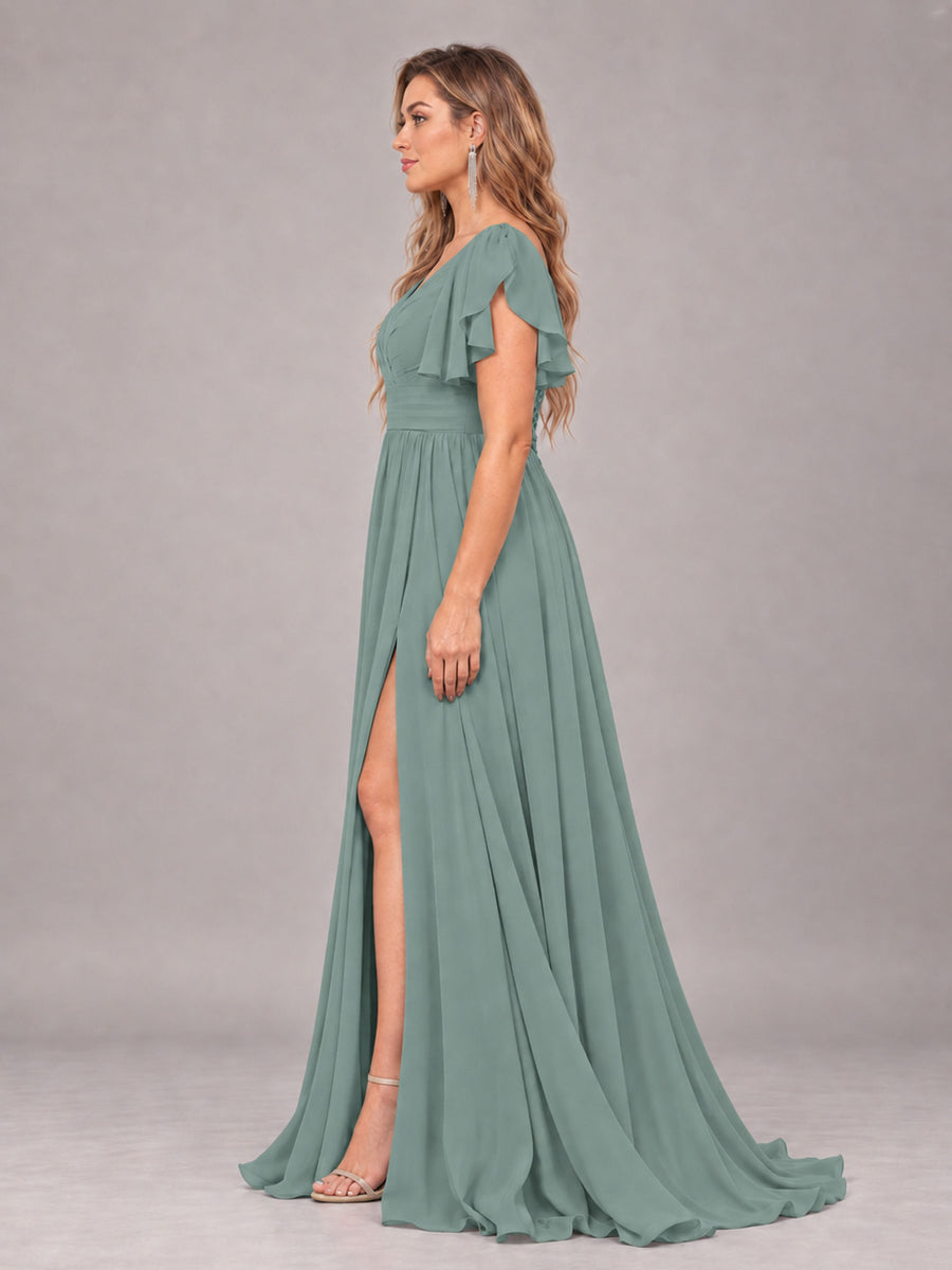 Eucalyptus Beautiful BridesmaidV-Neck Lace-Up Back Chiffon Bridesmaid Dress with Slit