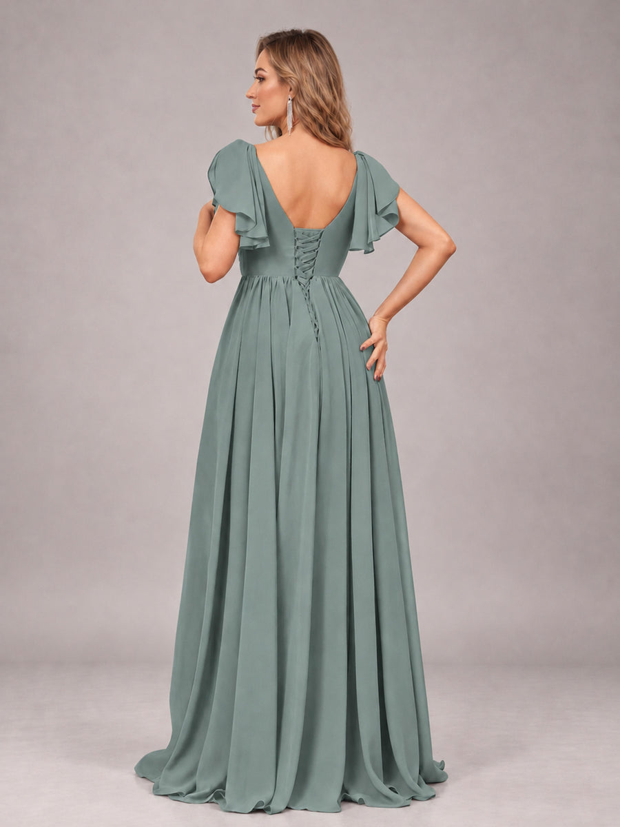 Eucalyptus Beautiful BridesmaidV-Neck Lace-Up Back Chiffon Bridesmaid Dress with Slit