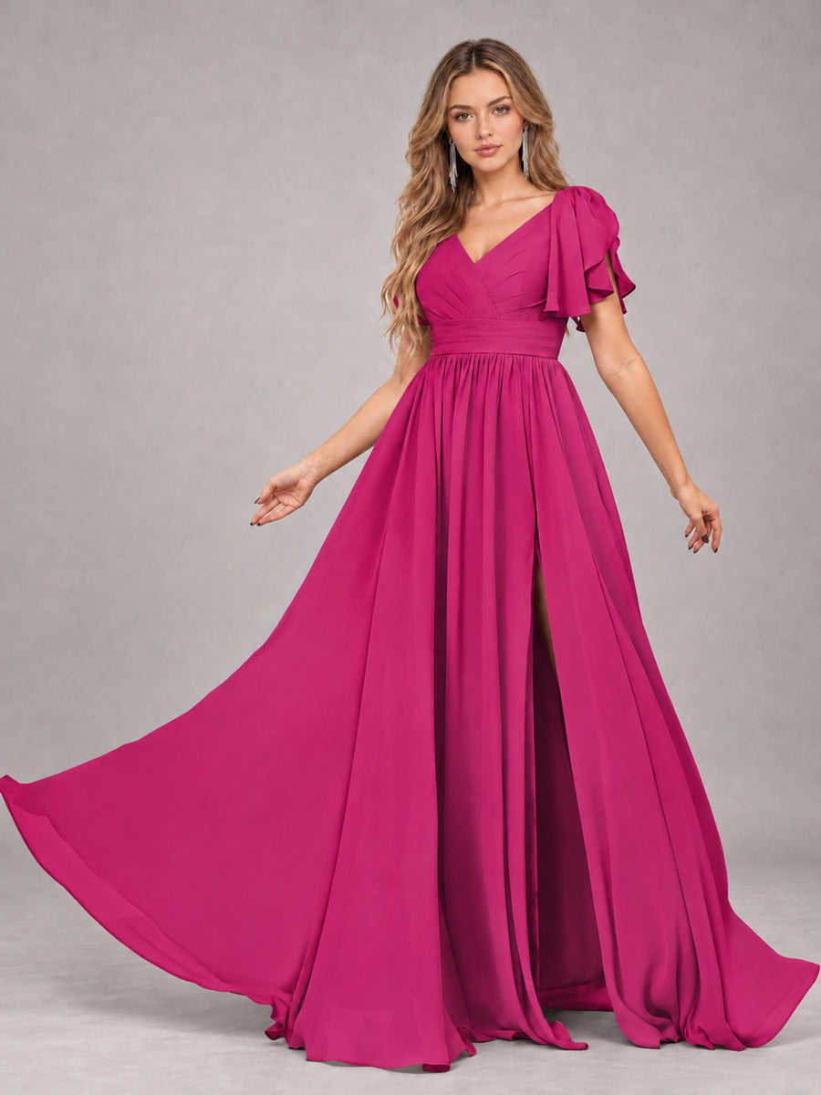 Fuchsia Beautiful BridesmaidV-Neck Lace-Up Back Chiffon Bridesmaid Dress with Slit