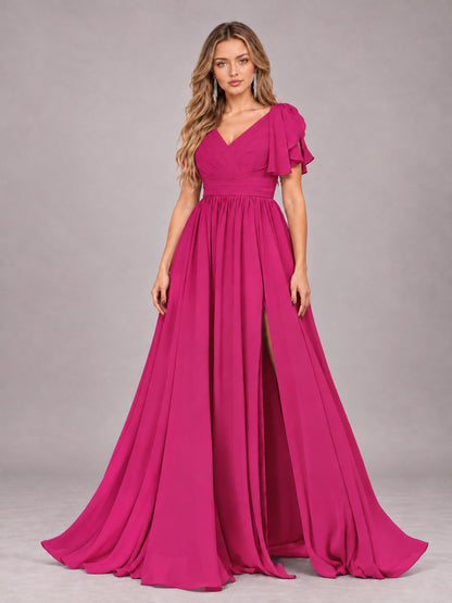 Fuchsia Beautiful BridesmaidV-Neck Lace-Up Back Chiffon Bridesmaid Dress with Slit