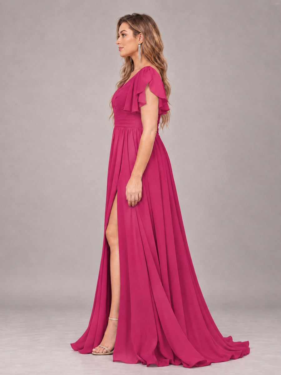 Fuchsia Beautiful BridesmaidV-Neck Lace-Up Back Chiffon Bridesmaid Dress with Slit
