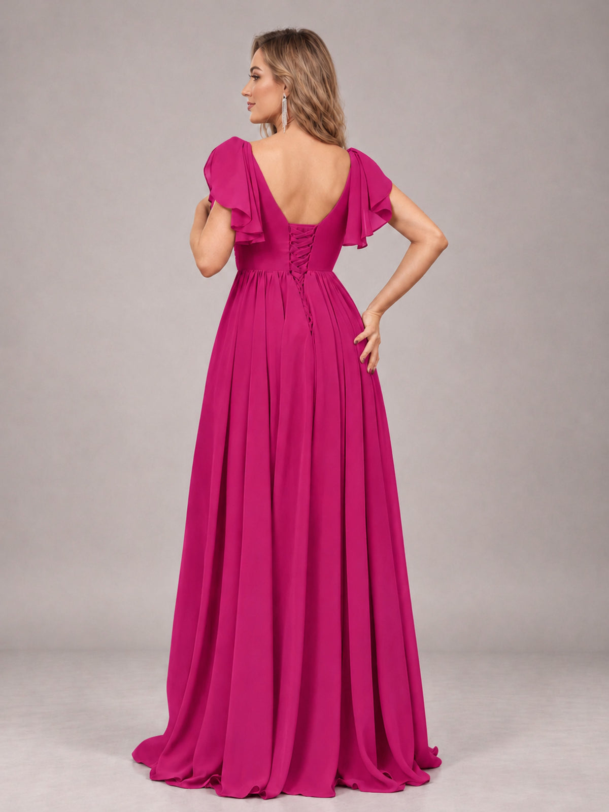 Fuchsia Beautiful BridesmaidV-Neck Lace-Up Back Chiffon Bridesmaid Dress with Slit