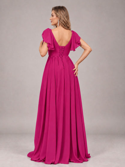 Fuchsia Beautiful BridesmaidV-Neck Lace-Up Back Chiffon Bridesmaid Dress with Slit