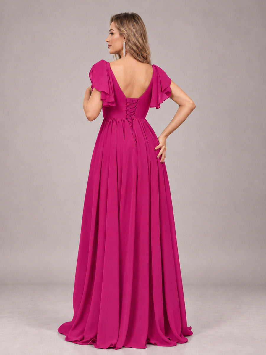 Fuchsia Beautiful BridesmaidV-Neck Lace-Up Back Chiffon Bridesmaid Dress with Slit