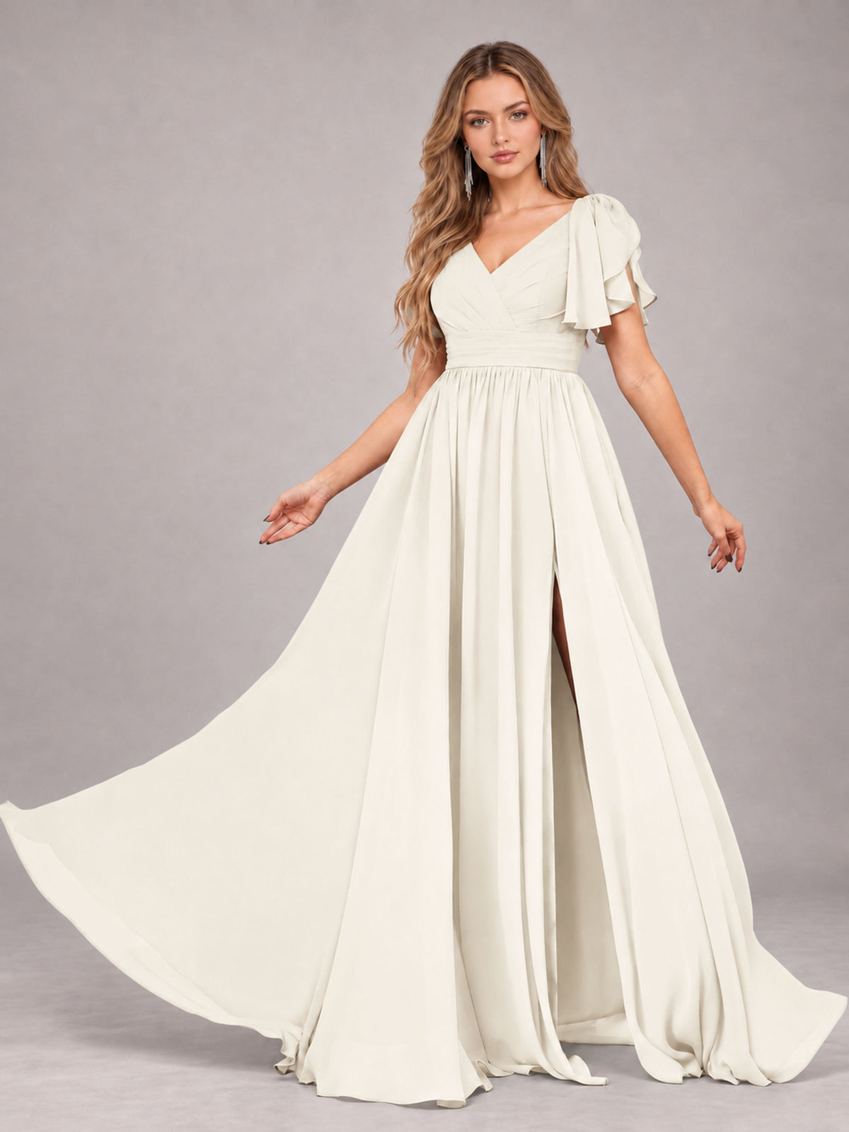 Ivory Beautiful BridesmaidV-Neck Lace-Up Back Chiffon Bridesmaid Dress with Slit