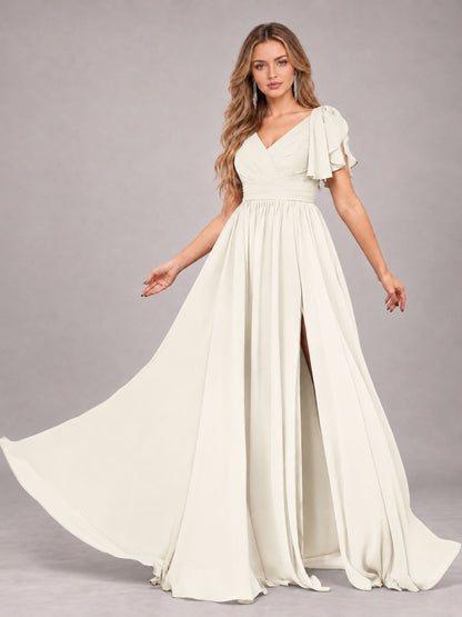 Ivory Beautiful BridesmaidV-Neck Lace-Up Back Chiffon Bridesmaid Dress with Slit