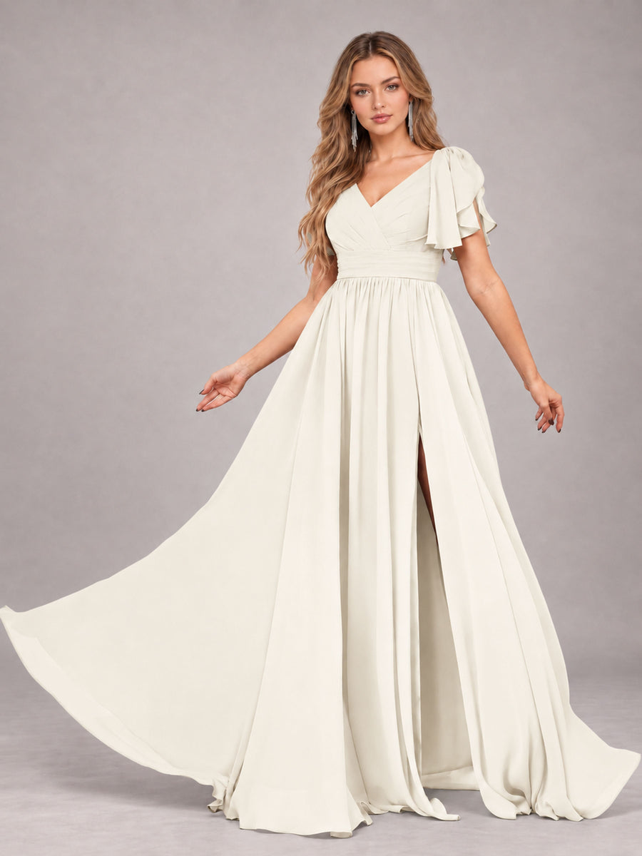 Ivory Beautiful BridesmaidV-Neck Lace-Up Back Chiffon Bridesmaid Dress with Slit