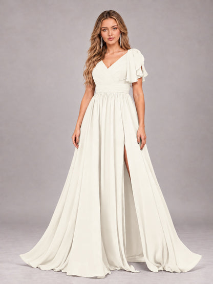 Ivory Beautiful BridesmaidV-Neck Lace-Up Back Chiffon Bridesmaid Dress with Slit