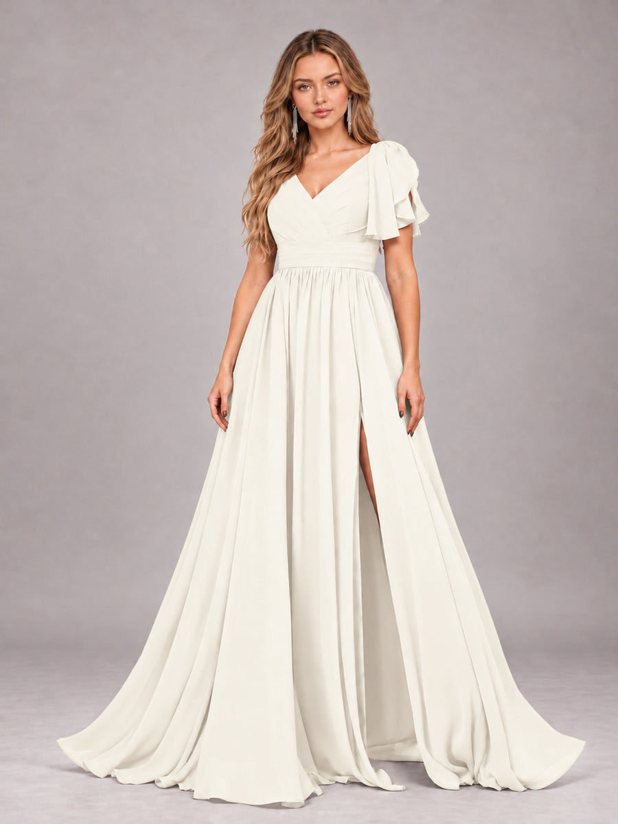 Ivory Beautiful BridesmaidV-Neck Lace-Up Back Chiffon Bridesmaid Dress with Slit