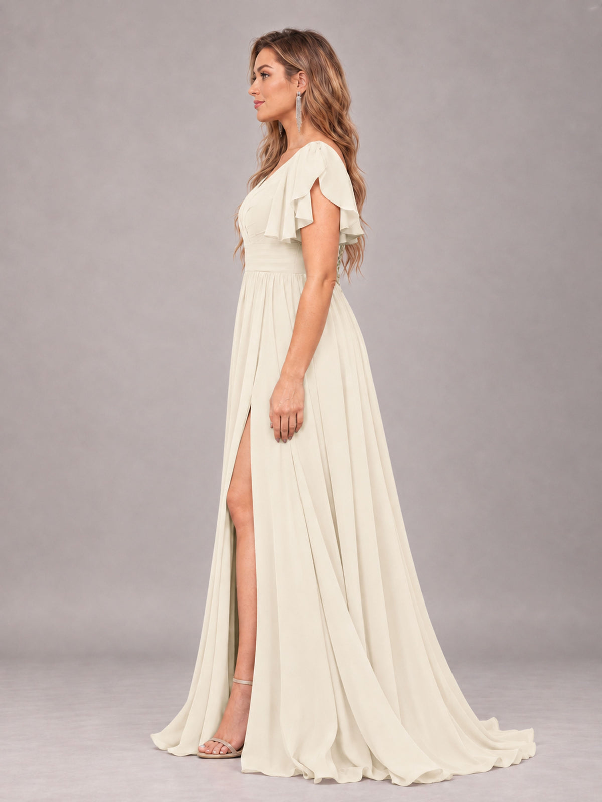 Ivory Beautiful BridesmaidV-Neck Lace-Up Back Chiffon Bridesmaid Dress with Slit