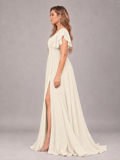 Ivory Beautiful BridesmaidV-Neck Lace-Up Back Chiffon Bridesmaid Dress with Slit