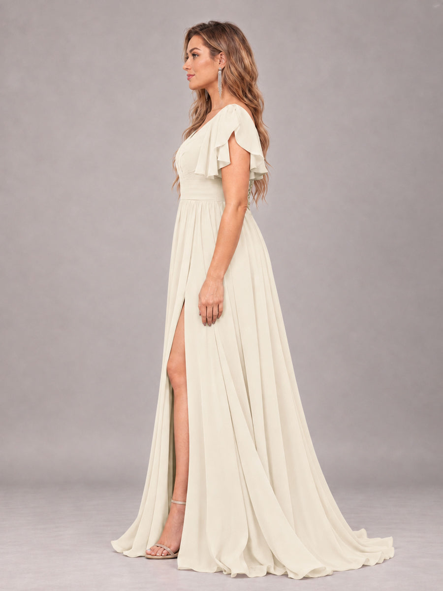 Ivory Beautiful BridesmaidV-Neck Lace-Up Back Chiffon Bridesmaid Dress with Slit