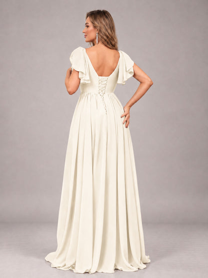 Ivory Beautiful BridesmaidV-Neck Lace-Up Back Chiffon Bridesmaid Dress with Slit