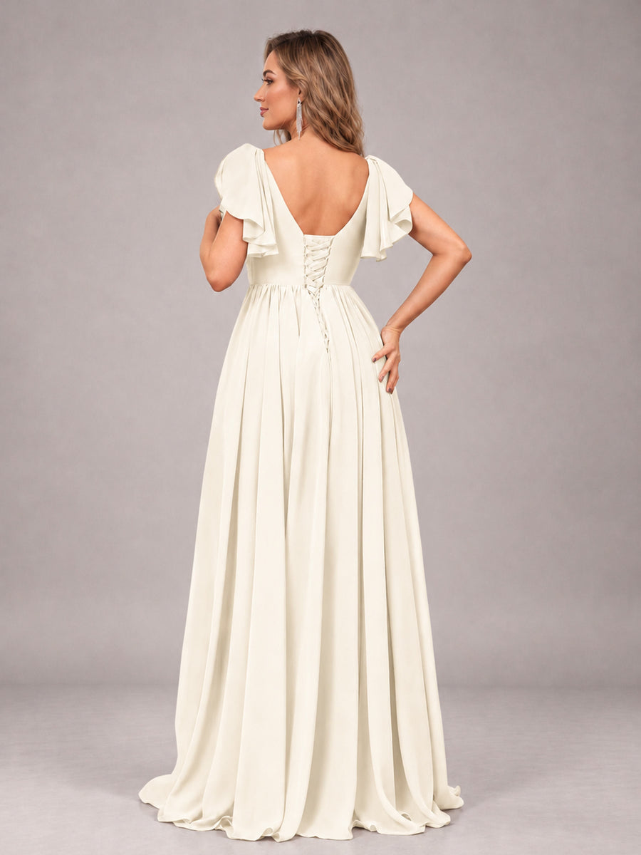 Ivory Beautiful BridesmaidV-Neck Lace-Up Back Chiffon Bridesmaid Dress with Slit