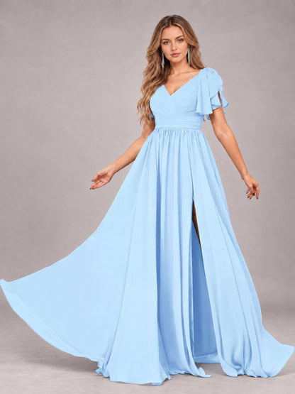 Light Blue Beautiful BridesmaidV-Neck Lace-Up Back Chiffon Bridesmaid Dress with Slit