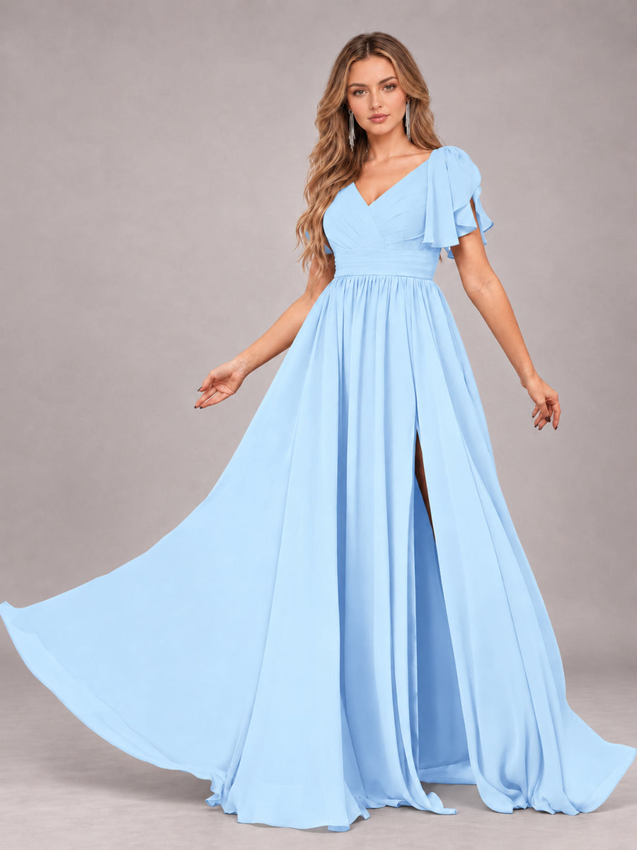 Light Blue Beautiful BridesmaidV-Neck Lace-Up Back Chiffon Bridesmaid Dress with Slit
