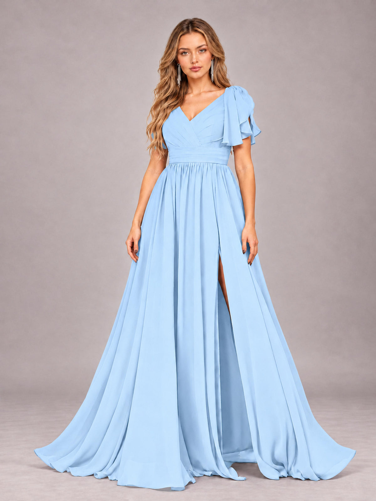 Light Blue Beautiful BridesmaidV-Neck Lace-Up Back Chiffon Bridesmaid Dress with Slit