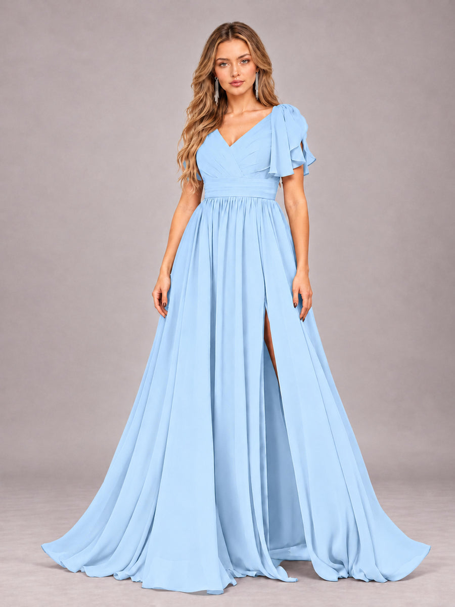 Light Blue Beautiful BridesmaidV-Neck Lace-Up Back Chiffon Bridesmaid Dress with Slit