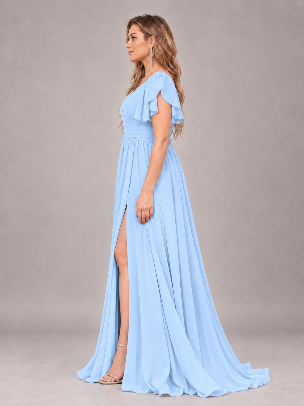 Light Blue Beautiful BridesmaidV-Neck Lace-Up Back Chiffon Bridesmaid Dress with Slit